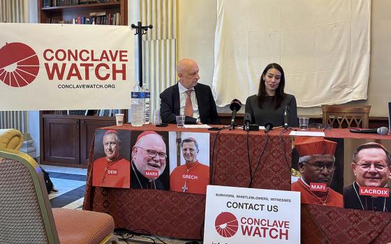 Sarah Pearson, right, and Peter Isely lead a press conference by the Survivors Network of those Abused by Priests, in Rome, on April 30, 2025. (RNS/Aleja Hertzler-McCain)