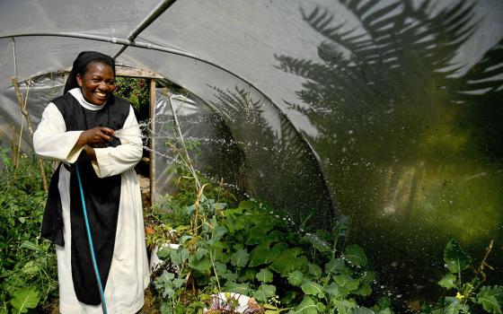 Sr. Anna Bakutara waters her brassica in the greenhouse on the farm at St. Mary's Abbey, an enclosed order of Cistercians, in Glencairn, Ireland, Aug. 30, 2022. The monastery uses green energy and sustainable farming to try to make itself self-sufficient for heating and food. (CNS/Reuters/Clodagh Kilcoyne)