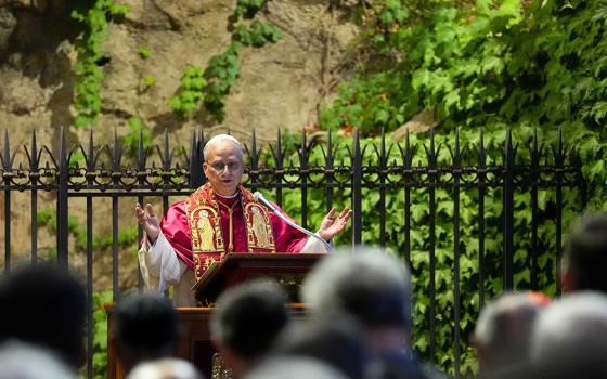 Pope Leo XIV leads nighttime prayers in the Vatican Gardens to conclude the month of May, traditionally dedicated to Mary, May 31, 2025. (CNS/Lola Gomez)
