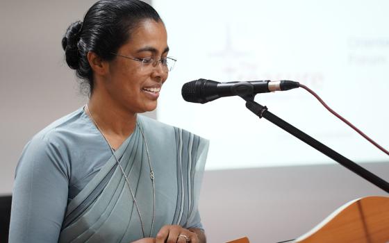 Sisters of John the Baptist Sr. Sally John addresses the core group members of Treasure, a sister-led mental health network, at the Catholic Hospital Association of India's headquarters in Secunderabad, southern India. (Courtesy of Sally John)