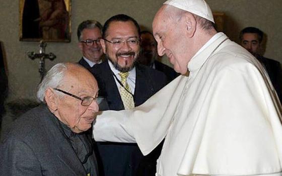 Pope Francis meets Fr. Gustavo Gutiérrez, considered the father of liberation theology, in an undated photo. Gutiérrez, a Peruvian theologian and a Dominican priest, died in 2024 at age 96. He was censured by Pope John Paul II in 1984. (OSV News photo/Courtesy Archdiocese of Lima)