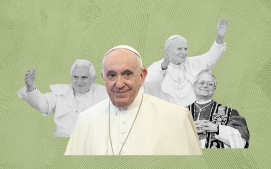 (GSR graphic/Olivia Bardo; photo sources, from left: CNS/Paul Haring, CNS/Vatican Media, CNS file, OSV News/Reuters/Yara Nardi)
