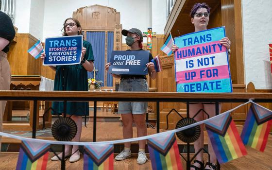 Transgender rights supporters rally at the Lutheran Church of the Reformation on Capitol Hill, June 18, 2025, in Washington after the Supreme Court upheld Tennessee's ban on gender-affirming care for transgender minors, in a setback to transgender rights. (AP/Jose Luis Magana)