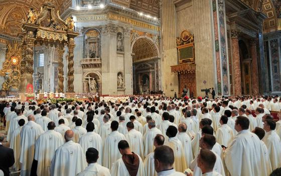 Priests join in prayer during Mass with Pope Leo XIV on the feast of the Sacred Heart of Jesus in St. Peter’s Basilica at the Vatican June 27, 2025. (CNS/Lola Gomez)