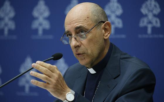 Cardinal Víctor Manuel Fernández, prefect of the Dicastery for the Doctrine of the Faith, speaks to reporters at the Vatican Sept. 19, 2024. The cardinal said on July 3, 2025, that the Catholic Church's approval of blessings of couples in same-sex relationships "will remain" under Pope Leo XIV. (CNS/Justin McLellan)