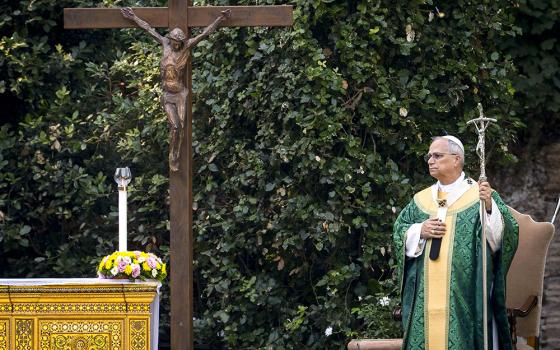 Pope Leo XIV holds his crosier as he celebrates Mass for the Care of Creation on the grounds of the Borgo Laudato Si' ecology center in Castel Gandolfo, Italy, July 9, 2025. (CNS/Cristian Gennari, pool)