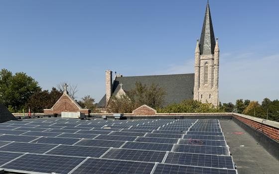A 70 kilowatt solar array sits atop of Sacred Heart Catholic School, in Omaha. To help cover a portion of the costs, the Catholic school intends to apply for a federal clean energy tax credit. (Afton Energy)