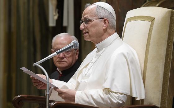 Pope Leo XIV speaks to apostolic nuncios and other papal diplomats during an audience at the Vatican on June 10, 2025. (CNS/Vatican Media)