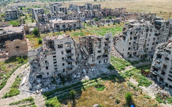 A drone view on Aug. 7, 2025, shows the ruins of residential buildings in the abandoned town of Marinka, Ukraine, which was destroyed in the course of Russia-Ukraine conflict in the Donetsk region, a Russian-controlled area of Ukraine. (OSV News/Reuters/Alexander Ermochenko)