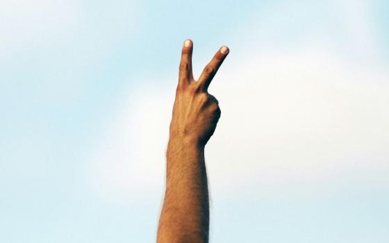 Hand makes peace sign.
