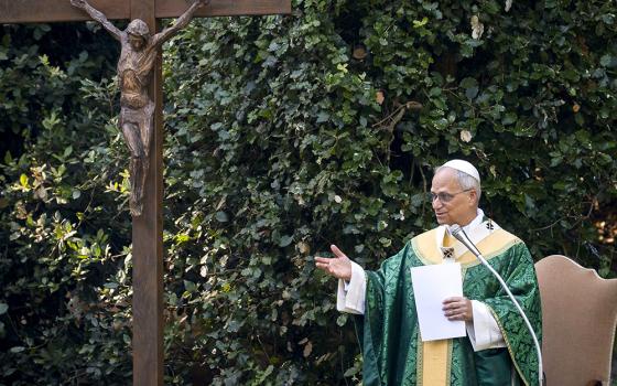 Pope Leo XIV celebrates Mass for the Care of Creation on the grounds of the Borgo Laudato Si’ ecology center in Castel Gandolfo, Italy, July 9, 2025. Leo on Sept. 5 will inaugurate the new center for integral ecology. (CNS/Cristian Gennari, pool)