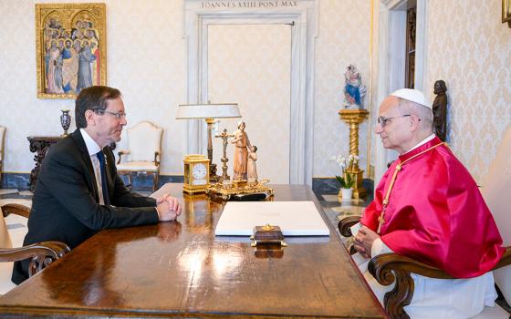 Pope Leo XIV and Israeli President Isaac Herzog meet in the library of the Apostolic Palace at the Vatican Sept. 4, 2025. (CNS/Vatican Media)