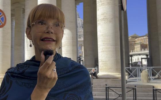 Ana Flavia Chávez Pedraza, a transgender Catholic woman from Peru, speaks with the National Catholic Reporter for an interview during the Jubilee pilgrimage for LGBTQ+ Catholics Sept. 5, 2025, outside St. Peter's Square at the Vatican. (NCR photo/Justin McLellan)
