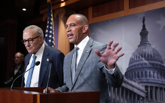 Senate Minority Leader Chuck Schumer, D-N.Y., and House Minority Leader Hakeem Jeffries, D-N.Y., right, talk with reporters following their meeting with President Donald Trump and Republican leaders on the government funding crisis, at the Capitol in Washington Sept. 29, 2025. (AP/J. Scott Applewhite)