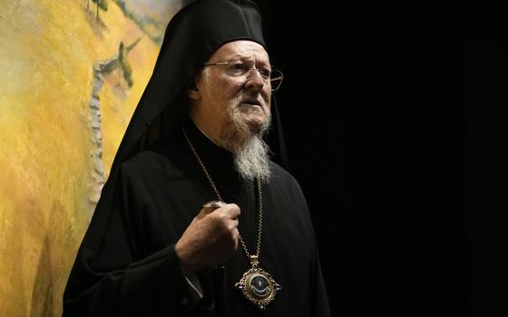 Ecumenical Patriarch Bartholomew, the spiritual leader of the world's Orthodox Christians, speaks at an event in Athens, Greece on May 8, 2025. (AP photo/Petros Giannakouris, File)