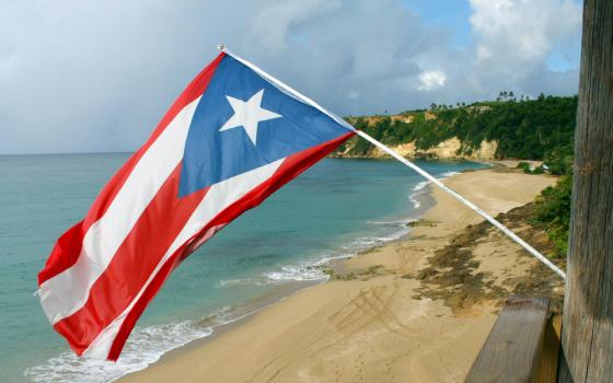 A Puerto Rican flag on the shore of a beach