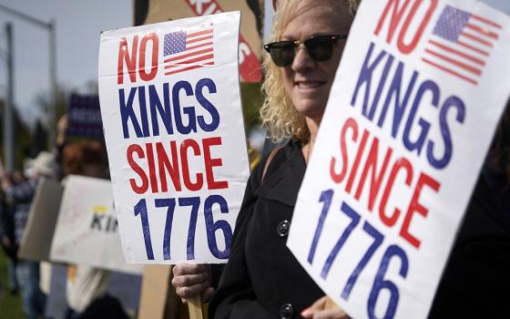 Protesters gather to denounce policies of President Donald Trump's that they describe as authoritarian during a "No Kings" rally in Miller Place, N.Y., Oct. 18, 2025. Similar demonstrations took place throughout the day in cities and towns across the nation, drawing millions of participants, according to media reports. (OSV News/Gregory A. Shemitz)