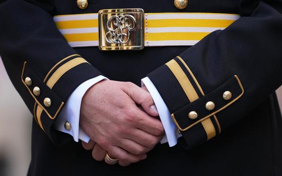 Capt. Lorenz Keusch poses for reporters during the presentation of the Swiss Guard Mezza-Gala uniform in the Swiss Guard Barracks at the Vatican, Oct. 2, 2025. (AP photo/Alessandra Tarantino)
