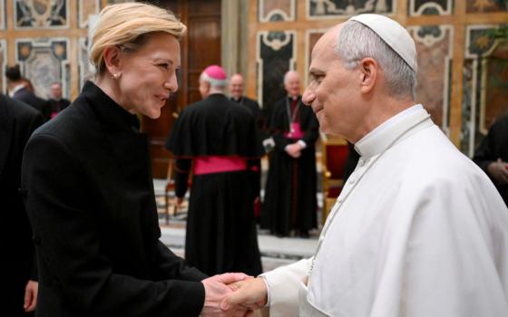 Pope Leo XIV greets Australian actor Cate Blanchett during a meeting with film directors and actors in the Clementine Hall of the Apostolic Palace at the Vatican Nov. 15. (CNS/Vatican Media)