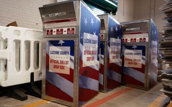 Luzerne County's ballot drop boxes are seen in the county's warehouse in Wilkes-Barre, Pa., Wednesday, Sept. 13, 2023. 