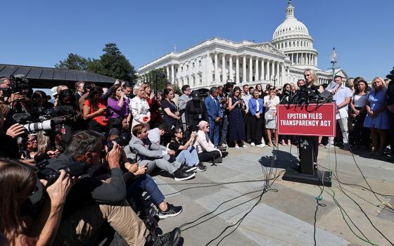 Anouska De Georgiou speaks during a press conference to discuss the Epstein Files Transparency Act, directing the release of the remaining files related to the investigations into Jeffrey Epstein and Ghislaine Maxwell, on Capitol Hill in Washington, Sept. 3, 2025. (OSV News/Reuters/Jonathan Ernst)