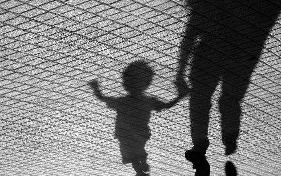 Shadows of a toddler and an adult holding hands walking on a street (Dreamstime/Alexlinch)