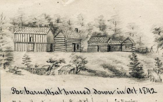 A pencil sketch by Mother Anastasie Brown shows the grounds of the Sisters of Providence of St. Mary-of-the-Woods, Indiana, in 1842. Annotations by Sister Maurice Schnell appear on the sketch, part of a bound book of drawings dated 1842-1889. The community's barn and adjoining house were burned down Oct. 2, 1842. (Wikimedia Commons/Public domain/Archives of the Sisters of Providence of St. Mary-of-the-Woods/Anastasie Brown)