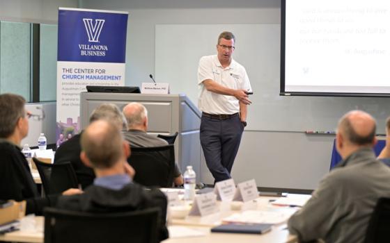 Matt Manion, the Grenon Family Faculty Director of the Villanova Center for Church Management who directed the Villanova bishops training, teaches a management class during the summer training for U.S. bishops at Villanova University July 23.