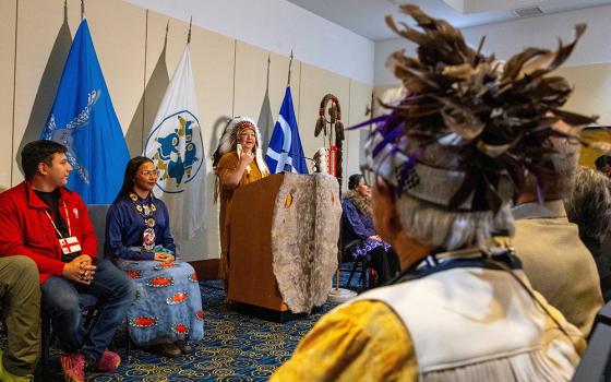 National Chief of the Assembly of First Nations Cindy Woodhouse Nepinak speaks during a Dec. 6, 2025, news conference in Dorval, Quebec, welcoming 62 cultural artifacts connected to the Indigenous Peoples of Canada, on their arrival from the Vatican. (OSV News/Reuters/Carlos Osorio)