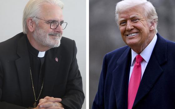 Archbishop Paul S. Coakley of Oklahoma City, president of the U.S. Conference of Catholic Bishops, and U.S. President Donald Trump, are pictured in a combination photo. Coakley met with Trump at the White House in Washington Jan. 12, 2026. (OSV News/Bob Roller; Reuters/Craig Hudson)
