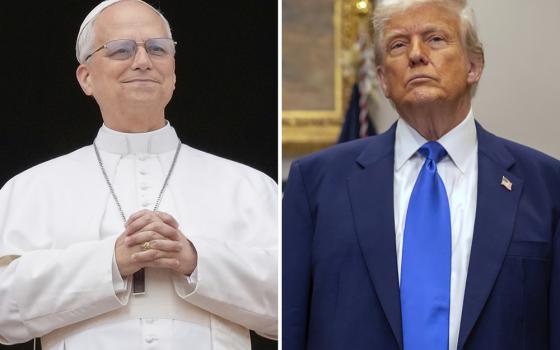 This combination photo shows Pope Leo XIV at the central balcony of St. Peter's Basilica at the Vatican, May 11, 2025, left, and President Donald Trump during an event in the Roosevelt Room at the White House, May 12, 2025, in Washington. (AP photo)