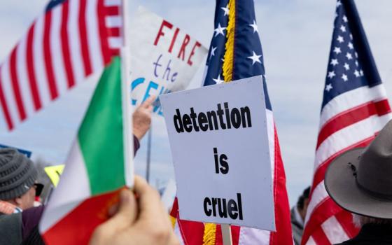 People protest hours after 5-year-old Liam Conejo Ramos and his father, Adrian Conejo Arias, returned home after a judge ordered them to be released from Immigration and Customs Enforcement detention at the South Texas Family Residential Center in Dilley, Texas, Feb. 1. (OSV News/Reuters/Kaylee Greenlee)