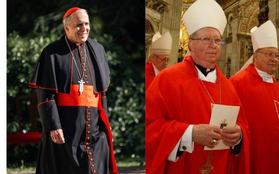 Cardinal Daniel DiNardo, left, retired archbishop of Galveston-Houston, is seen at the Pontifical North American College in Rome May 6, 2025. Bishop Patrick J. Zurek Amarillo, Texas, right, arrives in the crypt of St. Peter's Basilica at the Vatican Jan. 20, 2020. (OSV News photos/Kendall McLaren, Paul Haring)