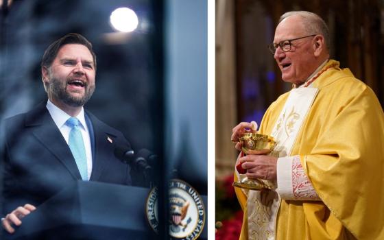 U.S. Vice President JD Vance and Cardinal Timothy M. Dolan, retired archbishop of New York, are pictured in a combination photo. (OSV News/Reuters, Aaron Schwartz/The Good Newsroom/Gregory A. Shemitz)