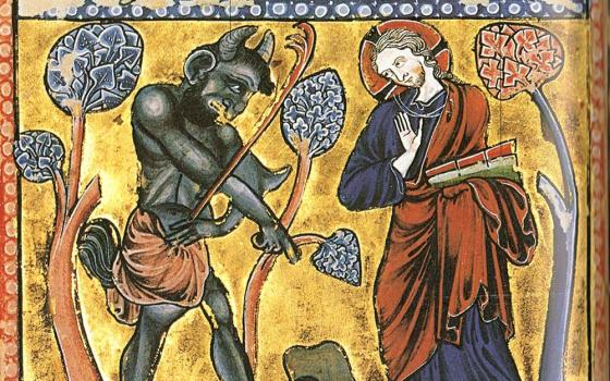 The first temptation of Christ, depicted in a psalter from circa 1222 (Wikimedia Commons)