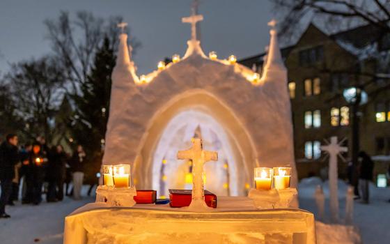 Students at the University of Notre Dame built St. Olaf Chapel out of snow and ice on the campus' North Quad over six days at the end of January and the beginning of February 2026. (University of Notre Dame/Michael Caterina)