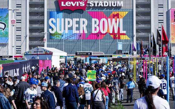Fans arrive before the NFL Super Bowl 60 football game between the Seattle Seahawks and the New England Patriots Feb. 8, 2026, in Santa Clara, Calif. (AP/Lynne Sladky)