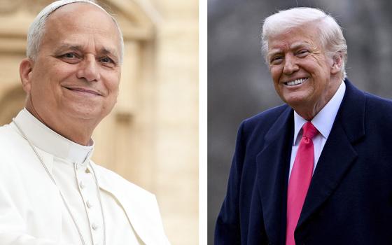 A combination photo shows Pope Leo XIV smiling as he greets visitors and pilgrims in St. Peter's Square at the Vatican Sept. 10, 2025, and U.S. President Donald Trump smiling after arriving at the White House Feb. 22, 2025. (OSV News photos/CNS/Lola Gomez; Reuters/Craig Hudson)