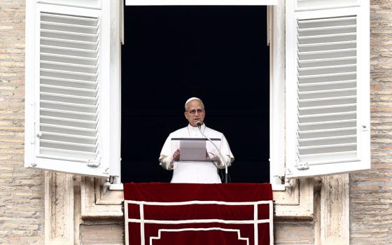 Pope Leo XIV leads the Angelus prayer from the window of the Apostolic Palace at the Vatican, March 1, 2026. (OSV News/Reuters/Guglielmo Mangiapane)