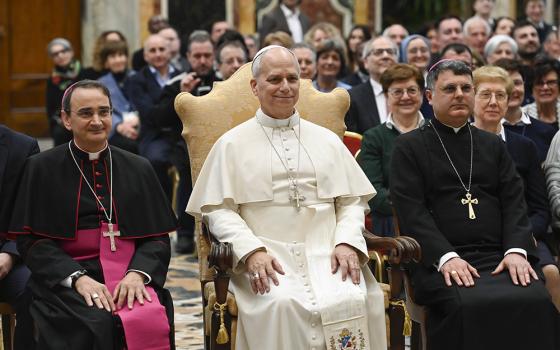 Pope Leo XVI listens to participants in the "Cattedra dell'Accoglienza," a cultural and educational event, in the Clementine Hall of the Apostolic Palace at the Vatican March 12, 2026. Addressing the group one week before the March 19 feast of St. Joseph, Leo reflected on Jesus' foster father's exemplary role as a responsible guardian for the Holy Family. (OSV News/Vatican Media/Matteo Pernaselci)