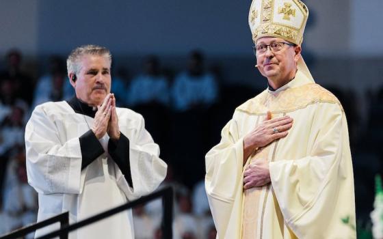 Denver Archbishop James R. Golka reacts during his installation Mass in CoBank Arena at the National Western Complex in Denver March 25, 2026. Archbishop Golka was previously bishop of Colorado Springs, and in Denver he succeeds Archbishop Samuel J. Aquila. (OSV News photo/Grant Whitty, Denver Catholic)