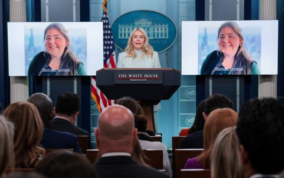 White House Press Secretary Karoline Leavitt holds a news briefing at the White House in Washington March 25, 2026, near photos of Loyola University Chicago student Sheridan Gorman. Catholics in Chicago have expressed sympathy and sorrow over the loss of Gorman, who was shot and killed March 19 near the school campus, an act of violence that also inflamed the immigration debate. (OSV News photo/Kylie Cooper, Reuters)