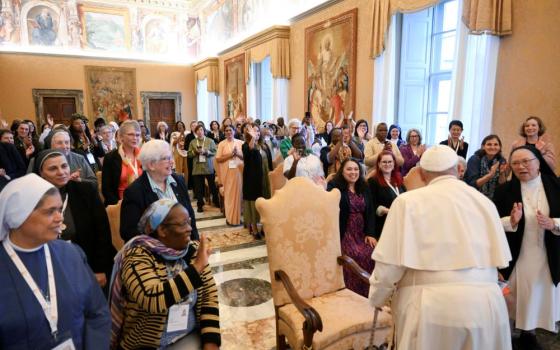 Pope Francis meets with women participating in or assisting the Synod of Bishops in the Apostolic Palace at the Vatican Oct. 19, 2024. (CNS/Vatican Media)