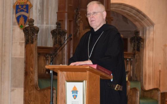 Bishop-designate Godfrey Mullen speaks during a news conference at the Cathedral of St. Peter in Belleville, Ill., March 13 after Pope Leo XIV appointed him as bishop of Belleville. Mullen is a Benedictine monk. (OSV News photo/Courtesy The Messenger/David Wilhelm)