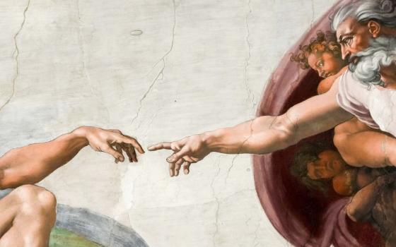 A detail from Michelangelo's "The Creation of Adam" is seen on the ceiling of the Sistine Chapel at the Vatican Feb. 28. (CNS/Lola Gomez)