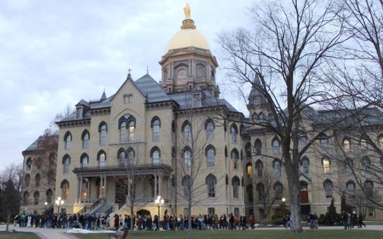 Student leaders and others from groups across campus take part in the "March on the Dome," at the University of Notre Dame in South Bend, Ind., Feb. 27. The march was in response to the appointment of professor Susan Ostermann to one of its institutes. Ostermann, who was criticized for publications that supported abortion rights, withdrew from the appointment after criticism. (OSV News/James Whitaker)