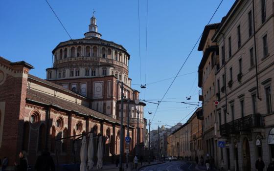 The Basilica of Santa Maria delle Grazie, best known as the home of Leonardo da Vinci's "The Last Supper," sits in Milan, Italy, Feb. 15, 2026. (AP/María Teresa Hernández)