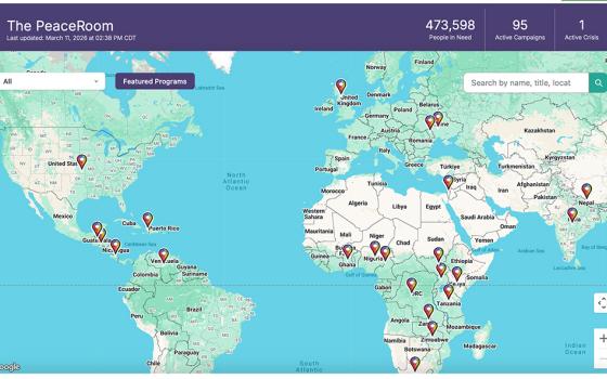 The PeaceRoom platform, run by Sisters Rising Worldwide, features a world map; each country that has sister projects has a tag to click on, which then shows all the work sisters are doing, including photos. (GSR screenshot)