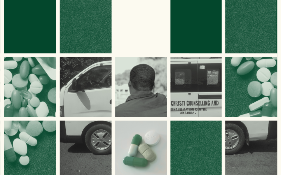 Green and black-and-white illustration graphic with photos of a van, pills and the back of a young man's head (GSR graphic/Olivia Bardo; vehicle photo by John Chukwu)