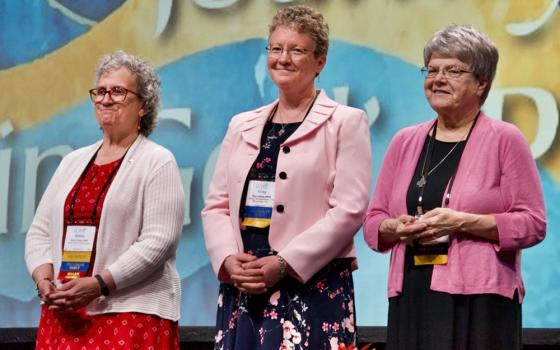 LCWR's 2025-2026 presidential team, from left to right: President-elect Sr. Debra Sciano, President Sr. Vicky Larson, and Past-President Sr. Kathy Brazda; the team and executive director Sr. Carol Zinn met with Pope Leo XIV March 26 at the Vatican. (GSR photo/Dan Stockman)
